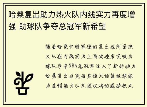 哈桑复出助力热火队内线实力再度增强 助球队争夺总冠军新希望