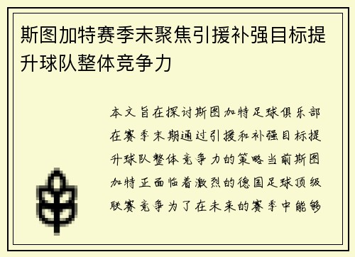 斯图加特赛季末聚焦引援补强目标提升球队整体竞争力