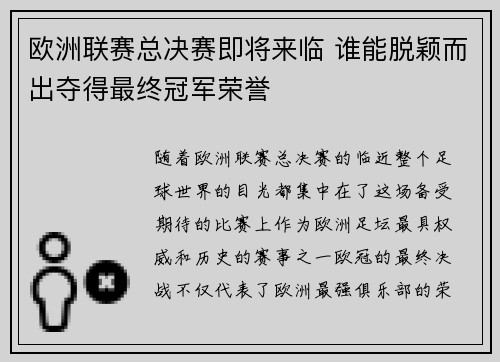 欧洲联赛总决赛即将来临 谁能脱颖而出夺得最终冠军荣誉