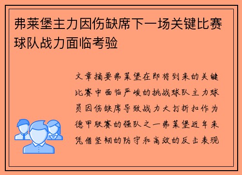 弗莱堡主力因伤缺席下一场关键比赛球队战力面临考验
