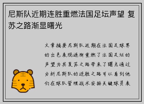 尼斯队近期连胜重燃法国足坛声望 复苏之路渐显曙光