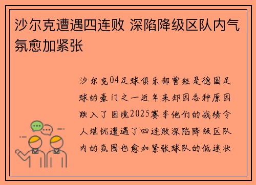 沙尔克遭遇四连败 深陷降级区队内气氛愈加紧张