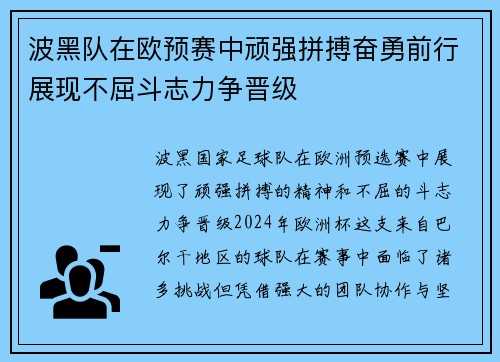 波黑队在欧预赛中顽强拼搏奋勇前行展现不屈斗志力争晋级