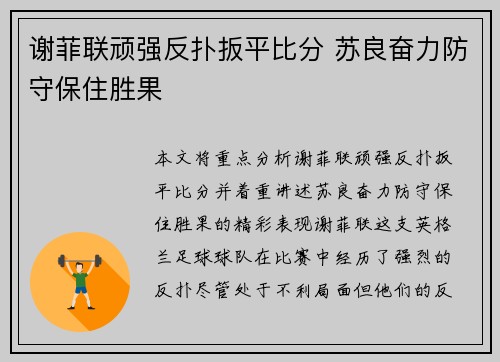 谢菲联顽强反扑扳平比分 苏良奋力防守保住胜果