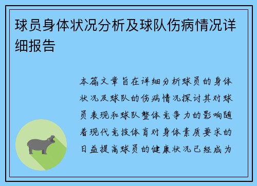 球员身体状况分析及球队伤病情况详细报告